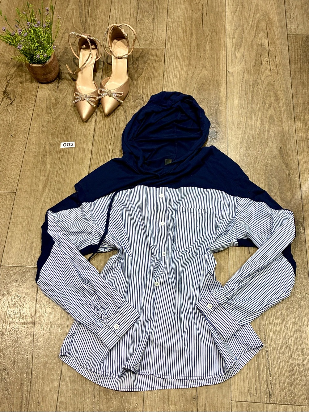SHEIN Navy and White Striped Hooded Button-Up Utility Jacket